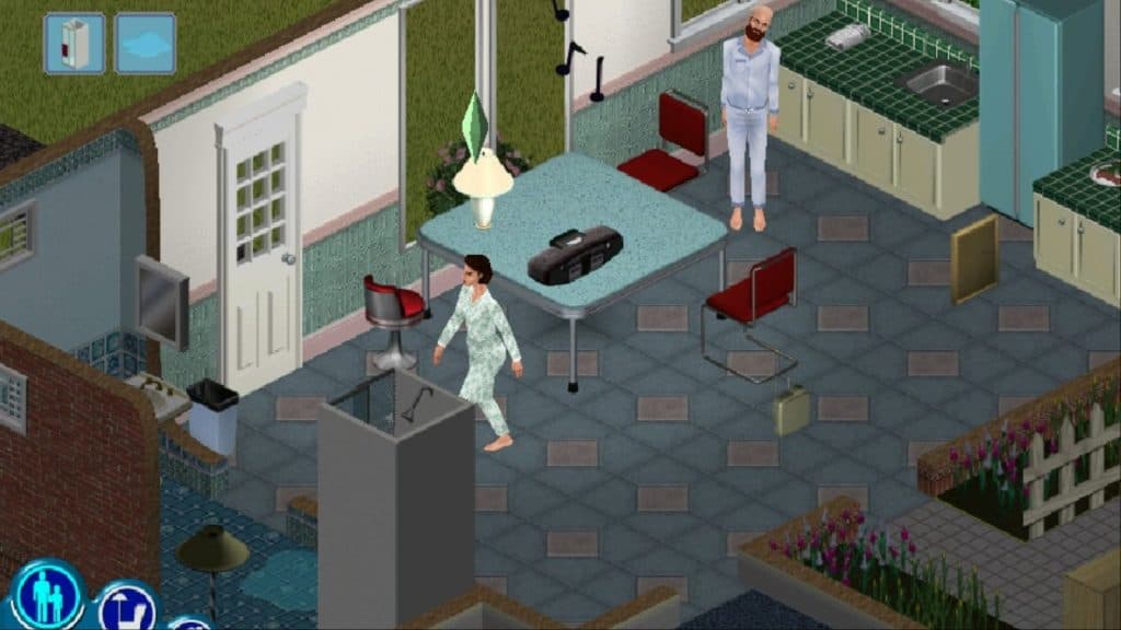 A screenshot featuring the pre-made Pancakes household in The Sims 1.