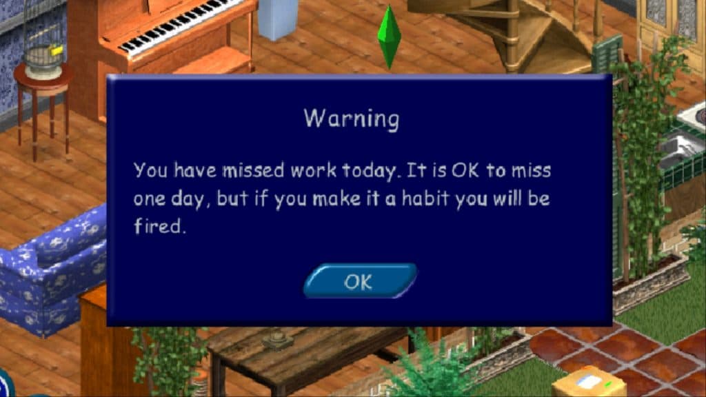 A screenshot featuring a missing work notification in The Sims 1.