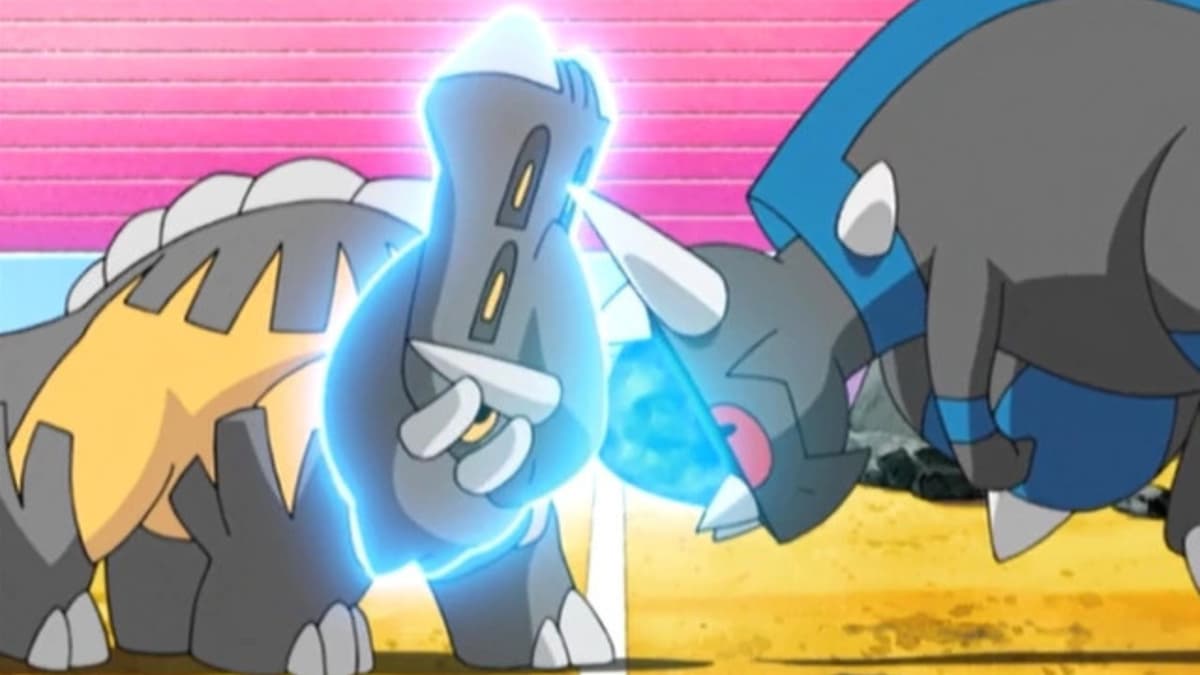 Rampardos and Bastiodon battling in the Pokemon anime