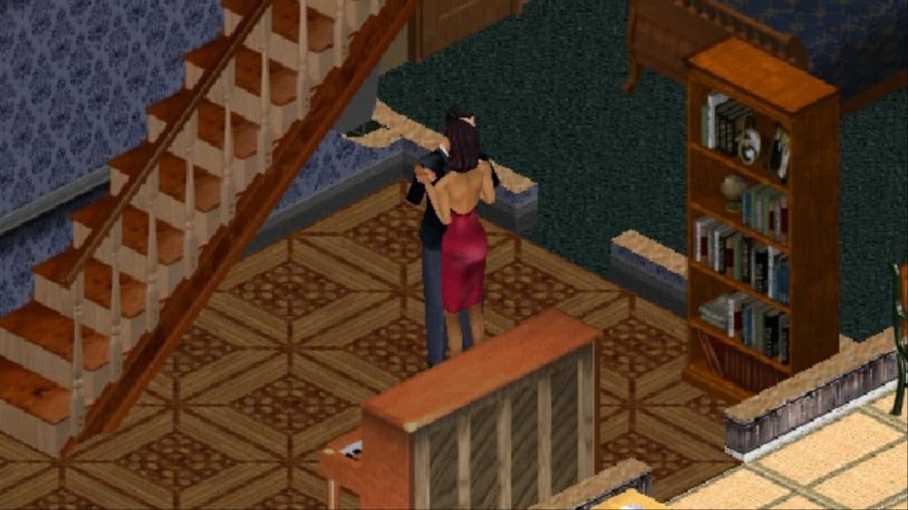 A screenshot featuring Bella and Mortimer Goth in The Sims 1.