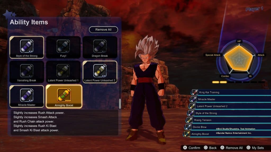 A screenshot of the Ability Items screen in Sparking Zero featuring Beast Gohan.