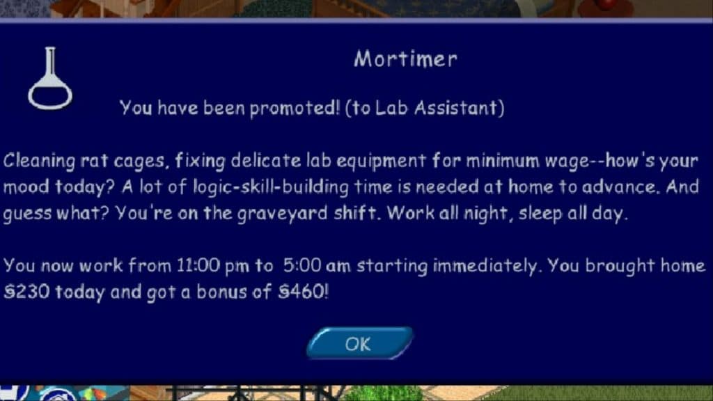 A screenshot featuring the job promotion notification in The Sims 1.