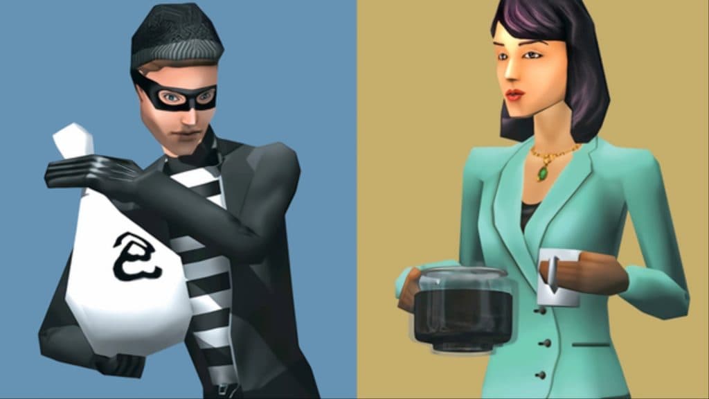 A screenshot featuring The Sims 1 burglar.