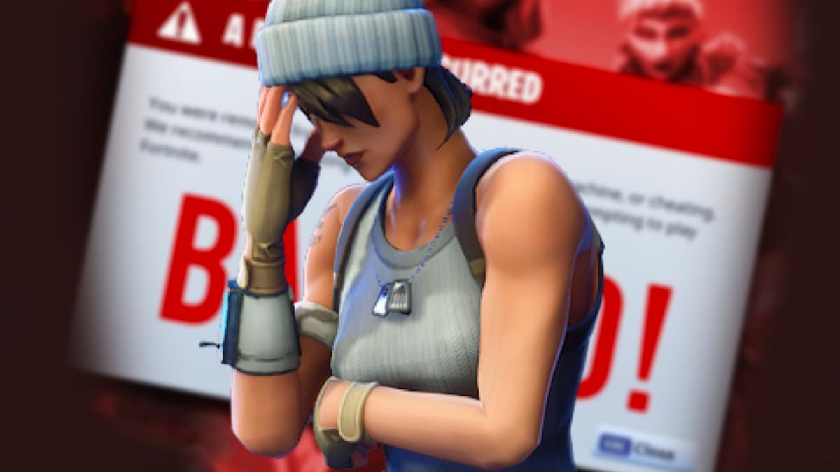 Fortnite character reacting frustrated after receiving ban.