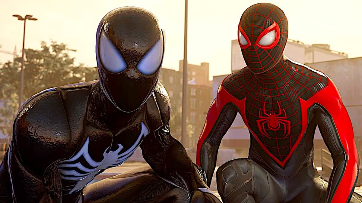 Spider-Man 2 main characters of Peter Parker and Miles Morales in their Spider-Man suits.