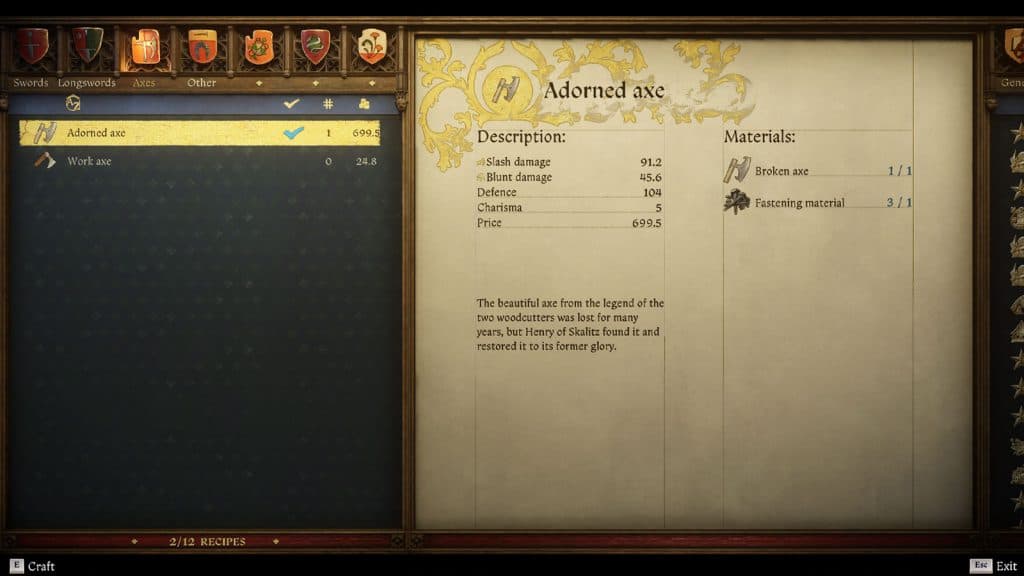adorned axe crafting menu in kingdom come deliverance 2