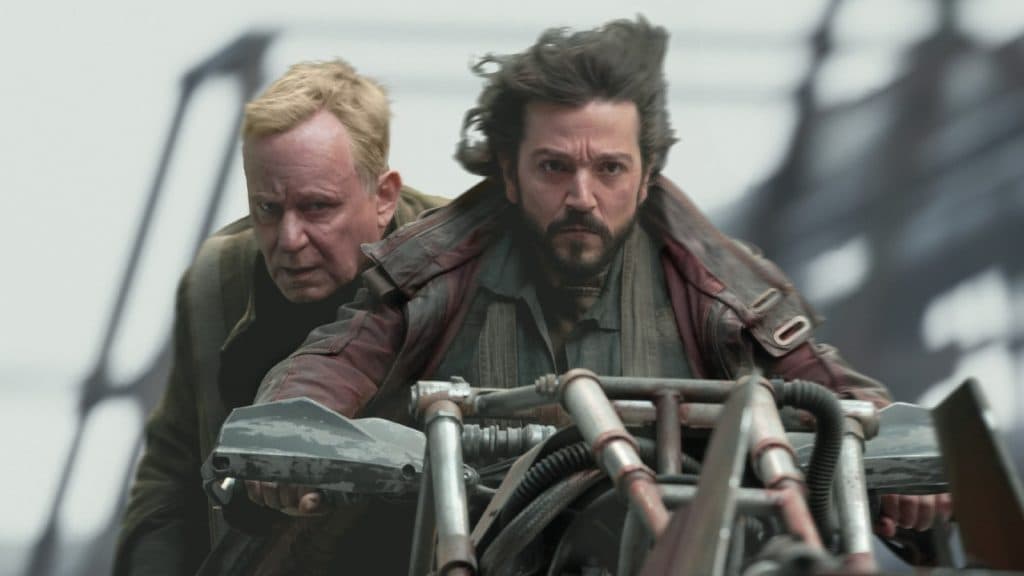 Stellan Skarsgard and Diego Luna on a speeder in Andor