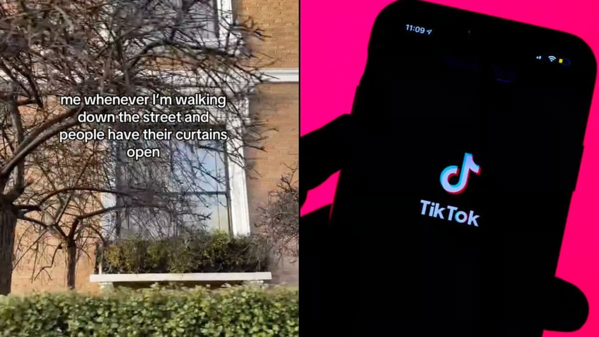 Screenshot of person walking past horse and TikTok logo