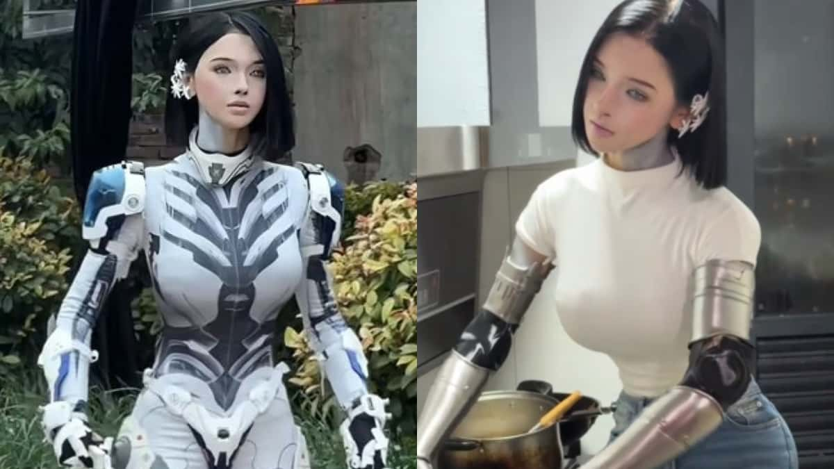 chinese android influencer walks the street and does dishes