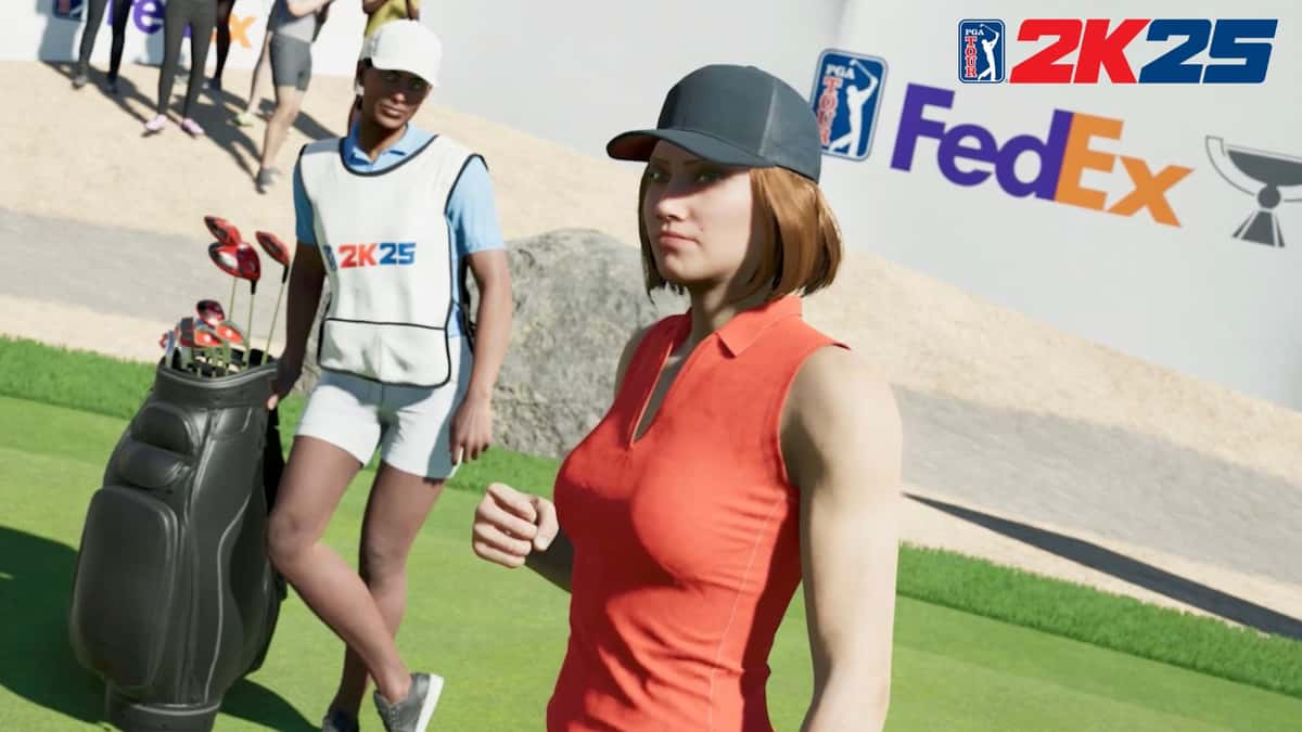 PGA Tour 2K25 female character on tee box in red shirt