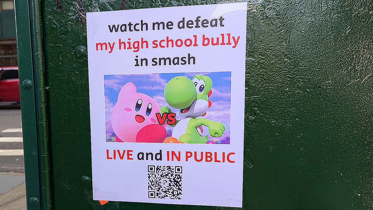 poster for new yorkers to watch man fight high school bully in smash bros