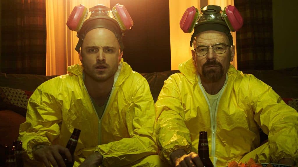 Jesse and Walt wear hazmat suits in Breaking Bad