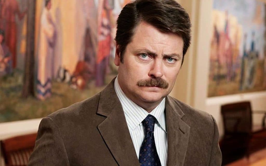 Ron Swanson looks at the camera in Parks and Recreation