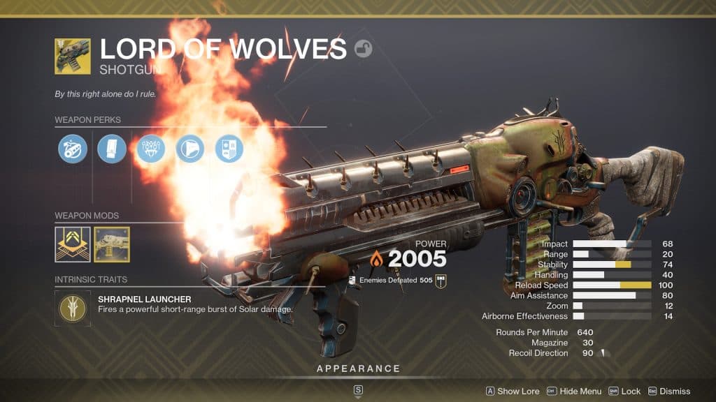 The Lord of Wolves exotic shotgun in Destiny 2.