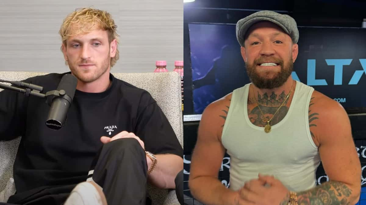 Side by side image of Logan Paul on his podcast and Conor McGregor smiling