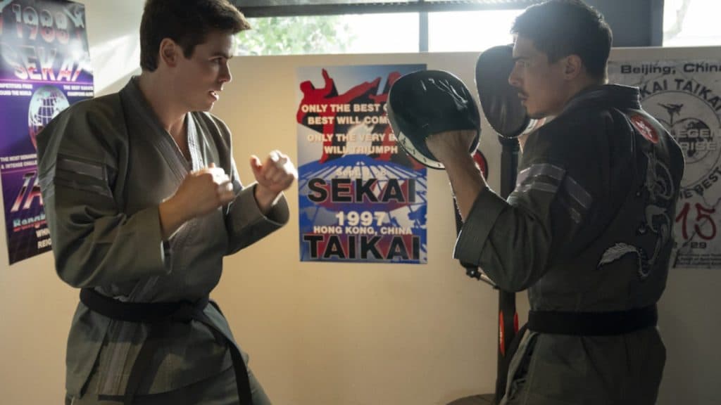 Sensei Wolf training Axel in Cobra Kai.