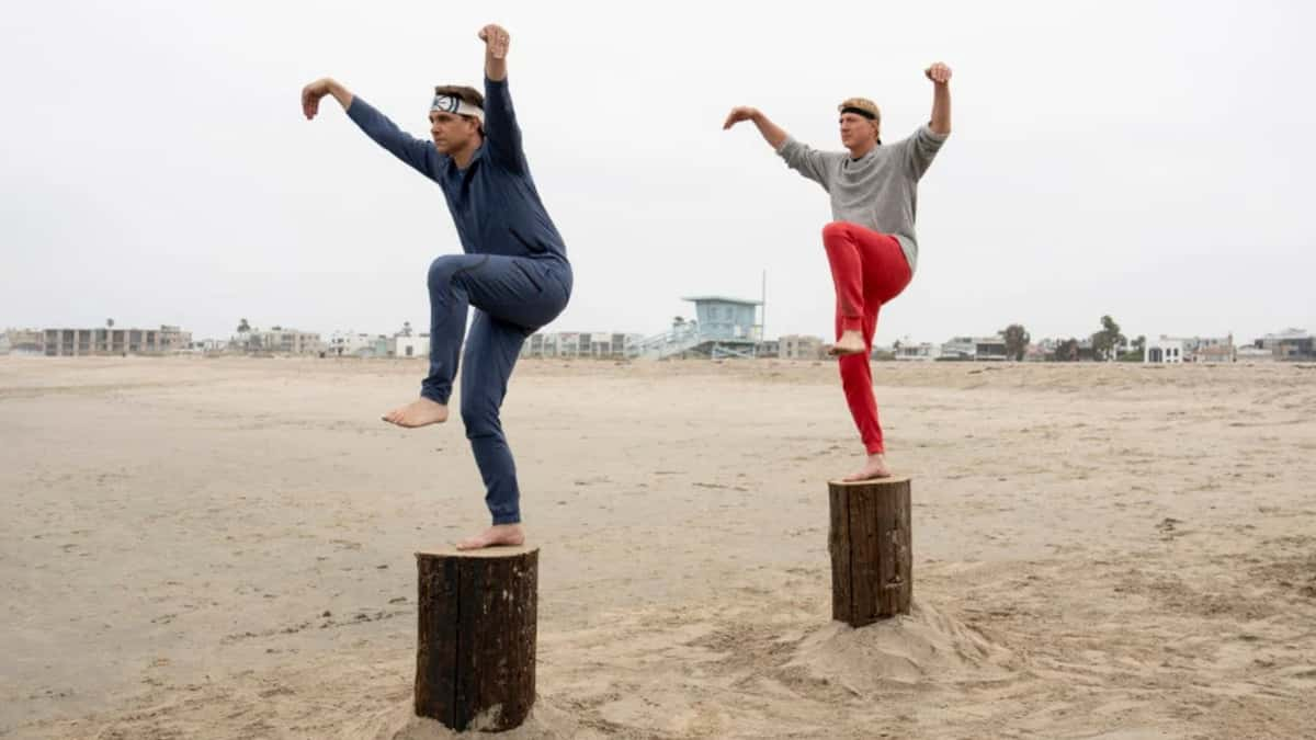 Johnny and Daniel doing the crane in Cobra Kai.