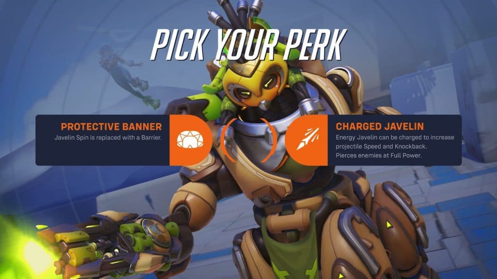 Screen showing two major Orisa perks in Overwatch 2