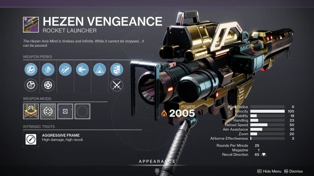 A Hezen Vengeance god roll in Destiny 2.