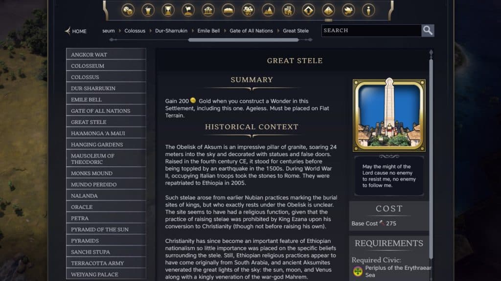 The Great Stele Wonder in Civilization 7