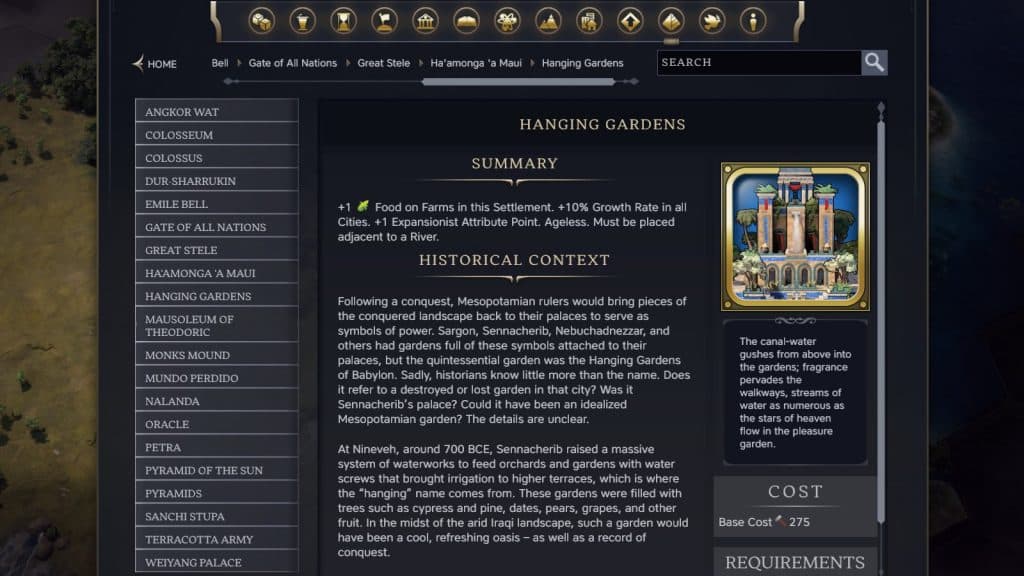 The Hanging Gardens Wonder in Civilization 7