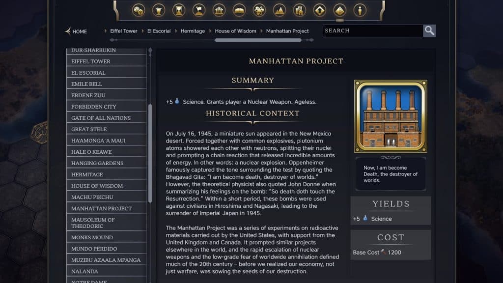 The Manhattan Project Wonder in Civilization 7