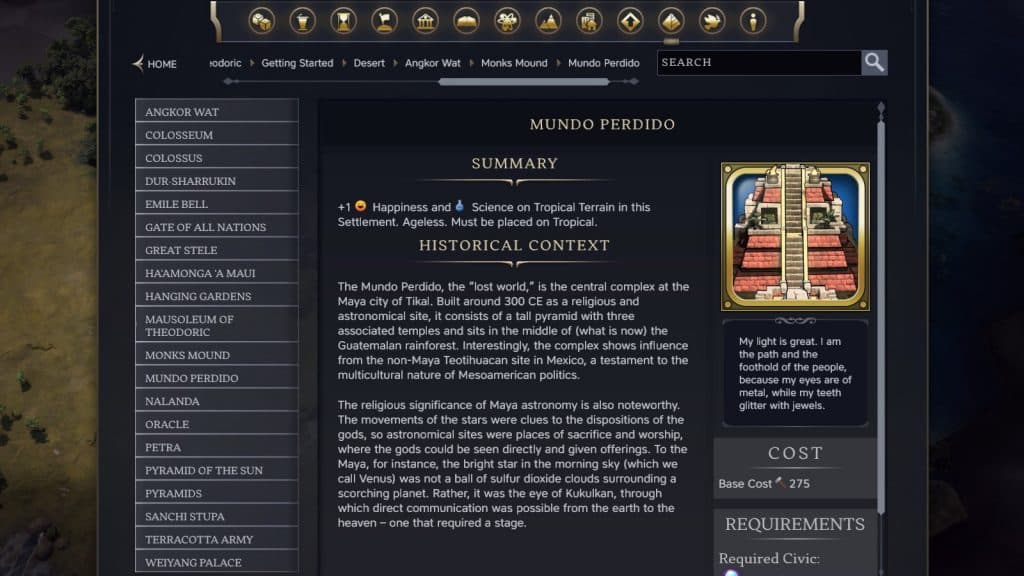 The Mundo Perdido Wonder in Civilization 7