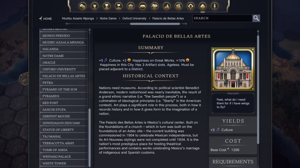 The Palacio de Belas Artes Wonder in Civilization 7