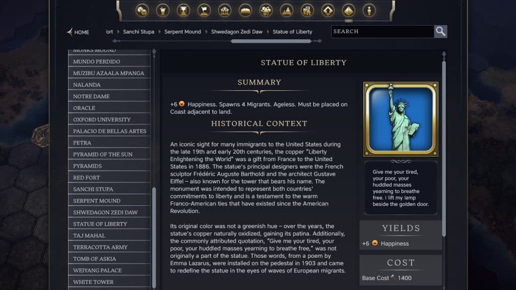 The Statue of Liberty Wonder in Civilization 7