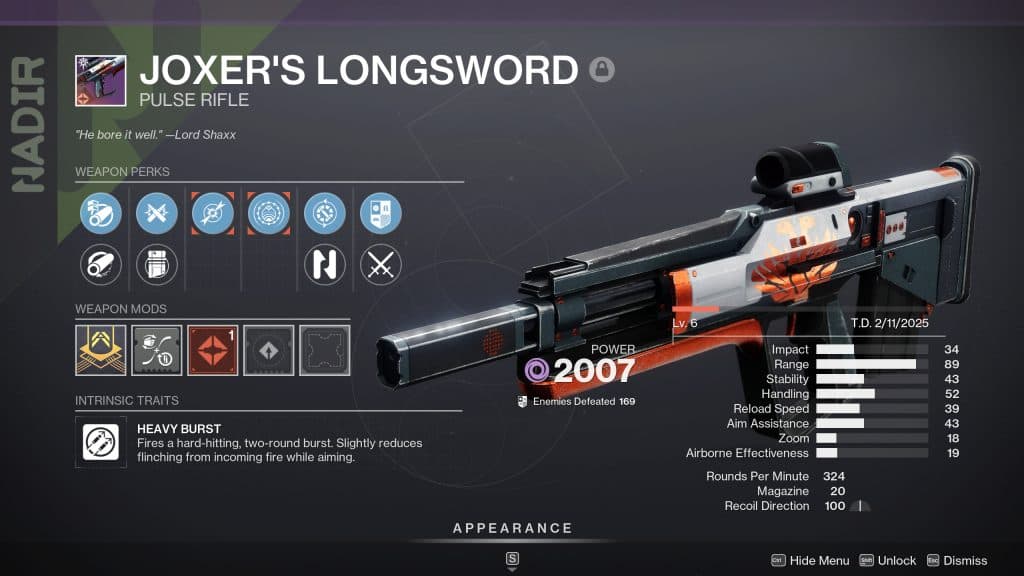 The Joxer's Longsword pve god roll in Destiny 2.