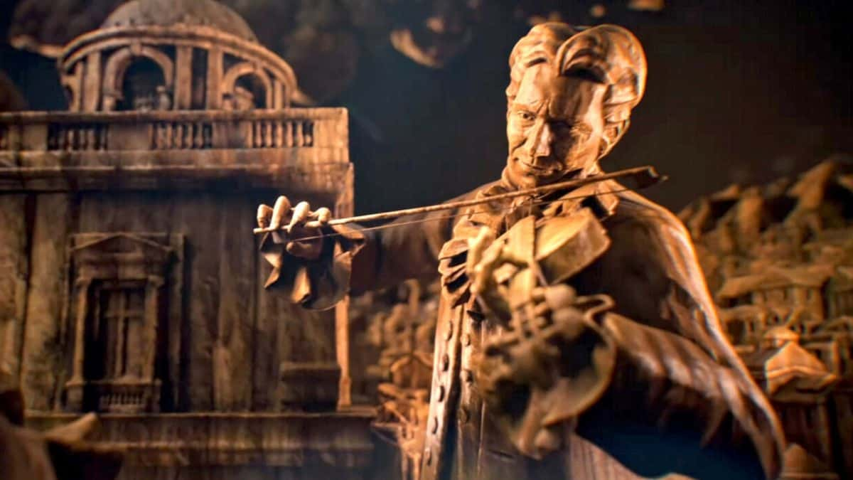 Civilization 7 trailer screenshot showing a statue of a musician.