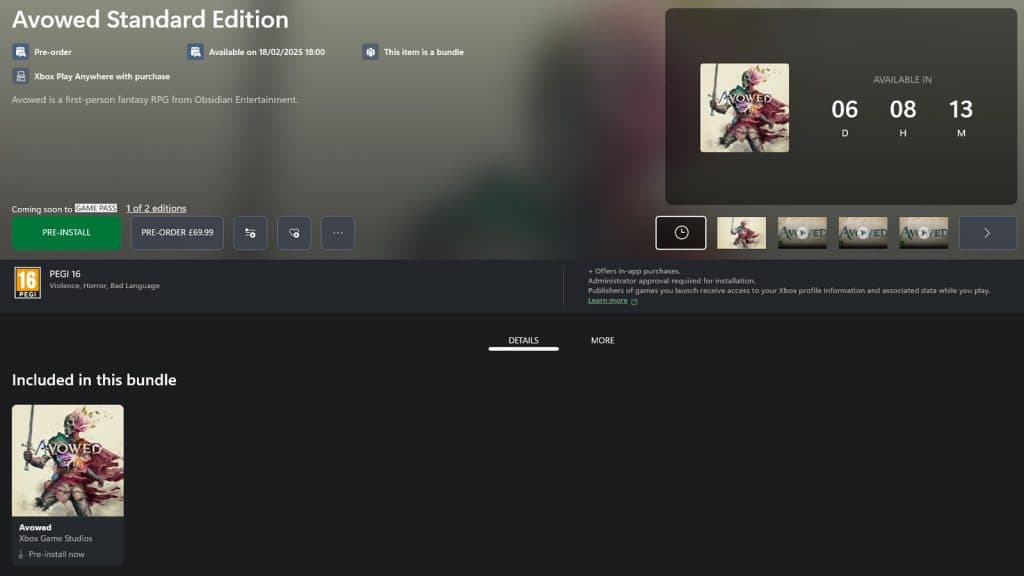 avowed standard edition store page with release time