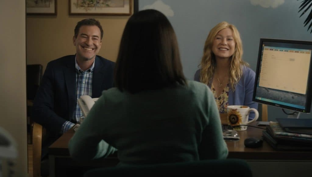 Mark Duplass as Michael Barnett and Ellen Pompeo as Kristine Barnett in Good American Family