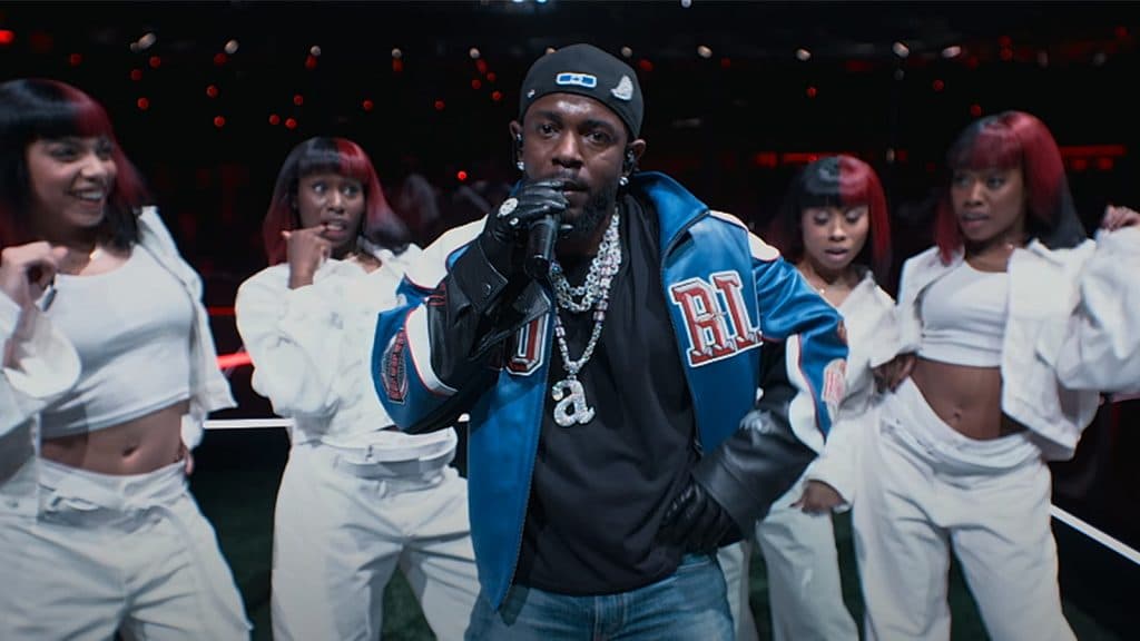 Kendrick Lamar performing at the 2025 Super Bowl.