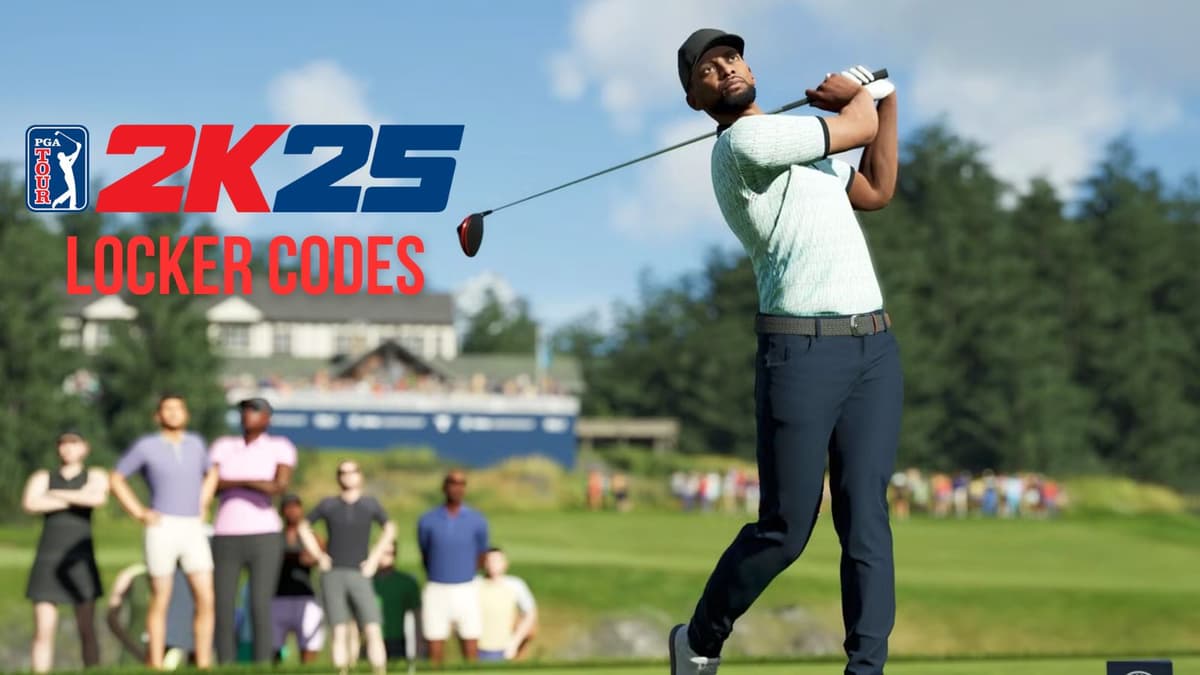 PGA Tour 2K25 golfer swining with locker codes text