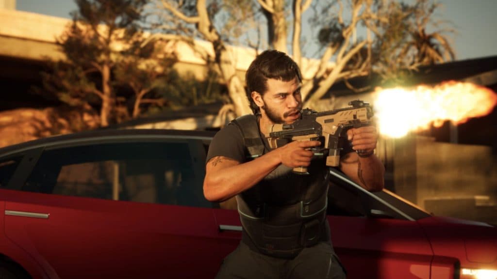 An image of Jacob Diaz firing a gun in MindsEye.