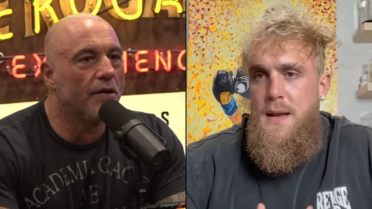 Joe Rogan and Jake Paul looking at each other talking to camera