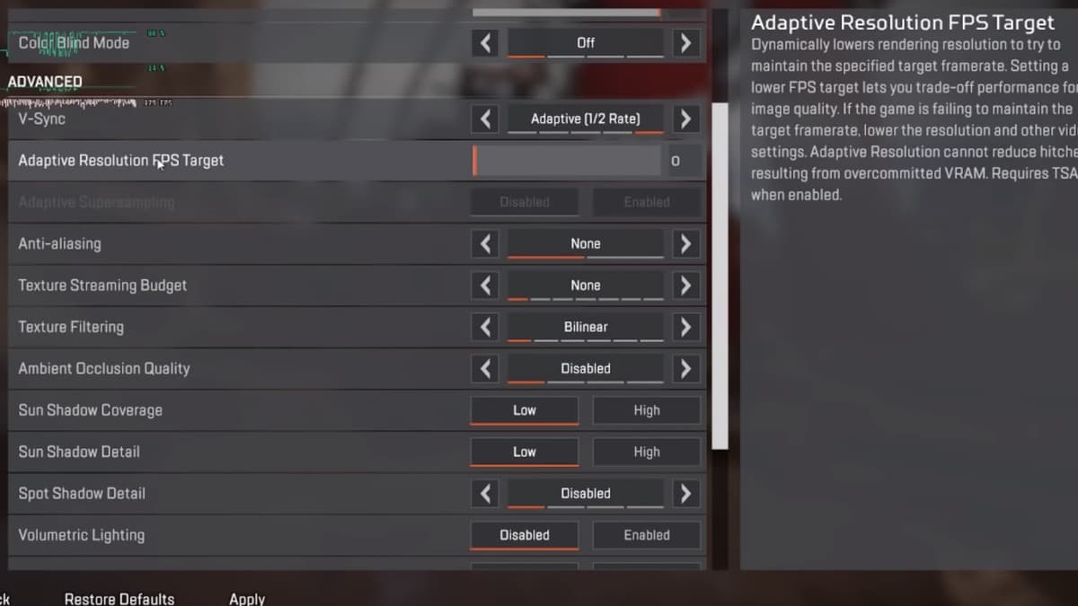 A Screenshot of the graphics settings in Apex Legends via ImSpeedyGonzales